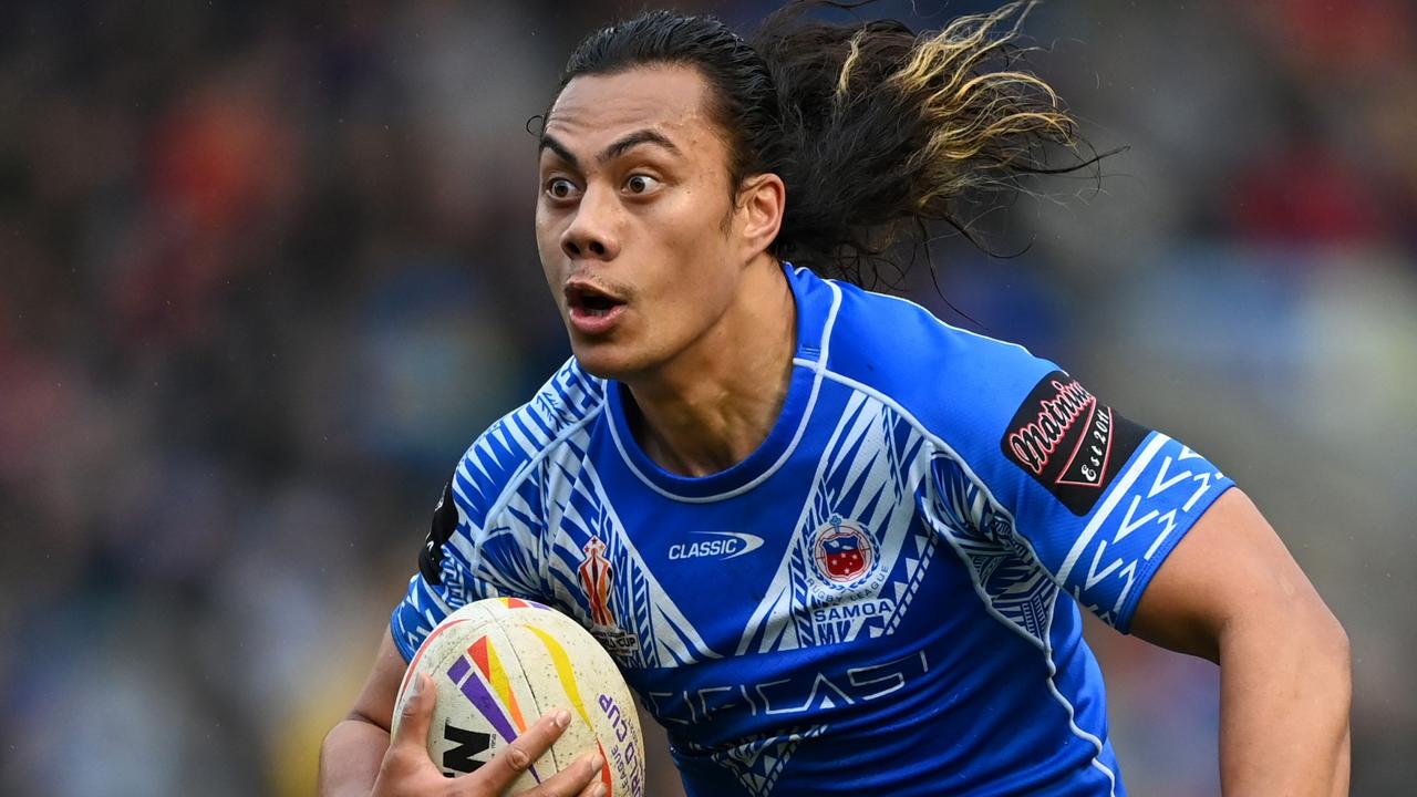 WARRINGTON, ENGLAND - NOVEMBER 06: Jarome Luai of Samoa during Rugby League World Cup Quarter Final match between Tonga and Samoa at The Halliwell Jones Stadium on November 06, 2022 in Warrington, England. (Photo by Gareth Copley/Getty Images)