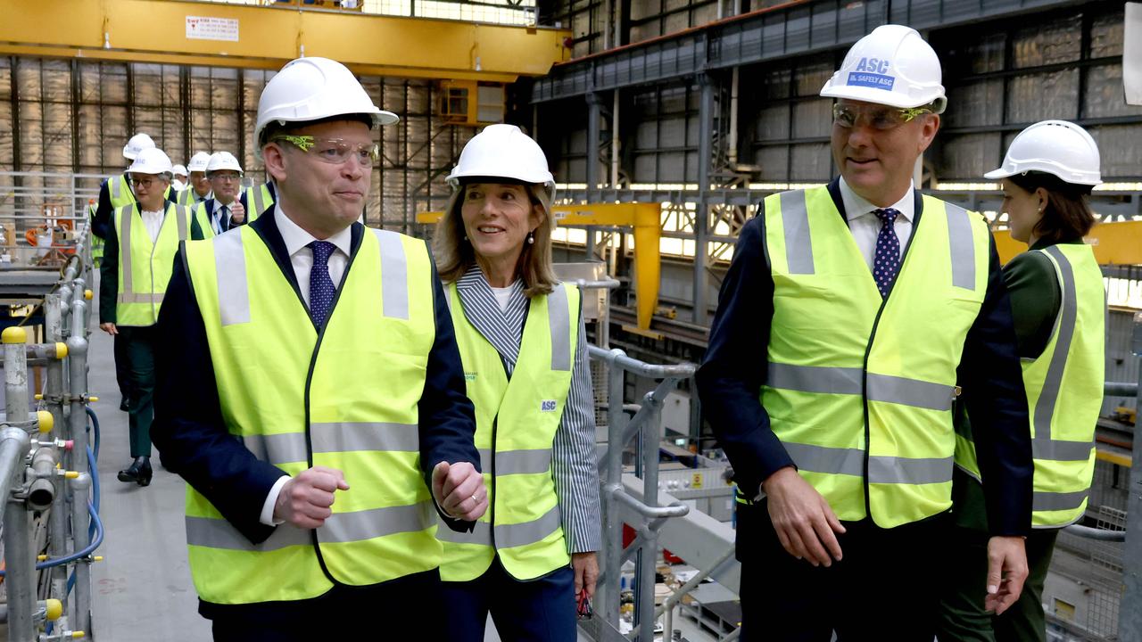 Grant Shapps, the-then Secretary of State for Defence of the United Kingdom, Caroline Kennedy, United States Ambassador to Australia, and Deputy Prime Minister Richard Marles tour the submarine build facility at ASC in Adelaide on March 22. Picture: NCA NewsWire / Kelly Barnes