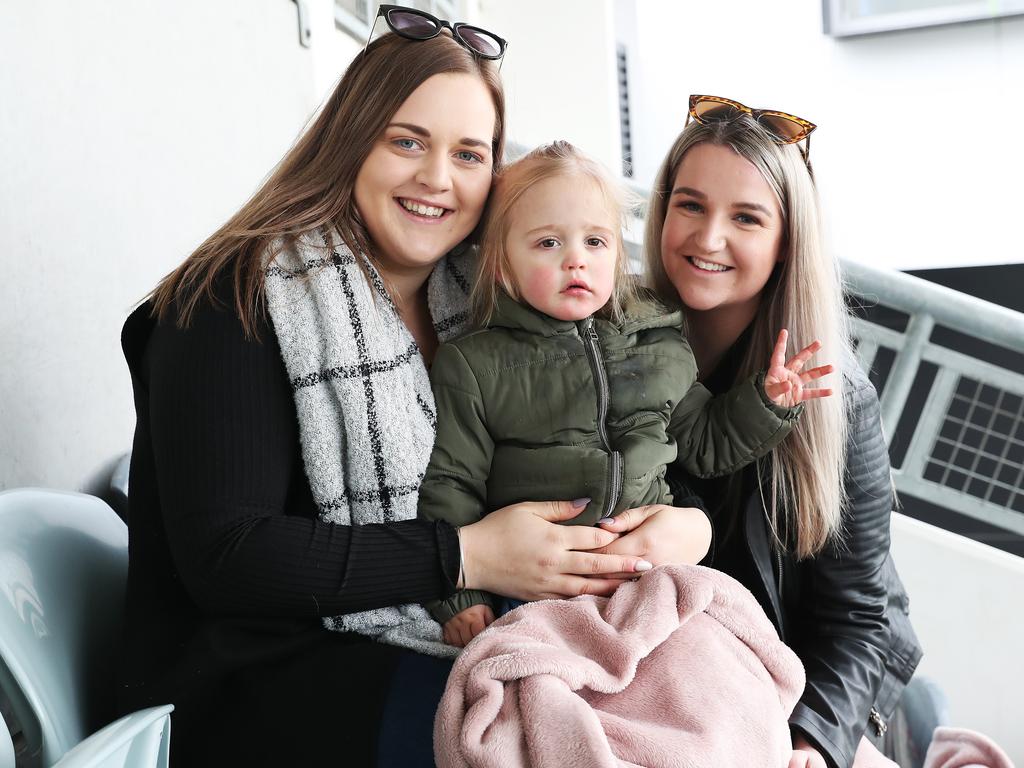 Erin Hansson with daughter Rylee Ford, 2, of New Norfolk, and Tahlia Rowbottom, of Claremont, at the Glenorchy v Launceston TSL game at Glenorchy. Picture: NIKKI DAVIS-JONES