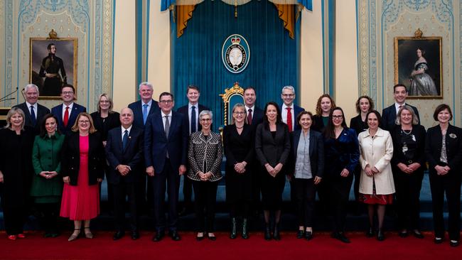 Steve McGhie, Anthony Carbines, Ros Spence, Shaun Leane, Ben Carroll, Colin Brooks, Danny Pearson, Melissa Horne, Gabrielle Williams, Steve Dimopoulos, Gayle Tierney, Lizzie Blandthorn, Natalie Hutchins, Tim Pallas, Daniel Andrews, Linda Dessau, Jacinta Allan, Jaclyn Symes, Lily D’Ambrosio, Harriet Shing, Jaala Pulford, Ingrid Stitt and Mary-Anne Thomas. Picture: AAP