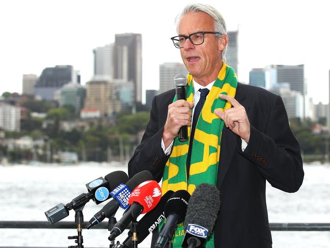SYDNEY, AUSTRALIA - OCTOBER 29: Football Federation Australia, Chief Executive Officer, David Gallop speaks to the media at the launch of AusBid2023.com, the official website to submit registrations of support for Australias FIFA Womens World Cup 2023 bid during the FFA's FIFA Women's World Cup bid announcement at Pier One on October 29, 2018 in Sydney, Australia. (Photo by Mark Kolbe/Getty Images)