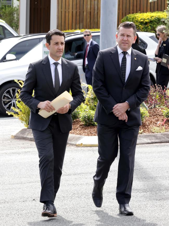 David Crisafulli, lead of the opposition, with Jarrod Bleijie, At the State Funeral Service for Mike Ahern AO, at Our Lady of the Rosary Catholic Church, Caloundra, on Friday 25th August 2023 - Photo Steve Pohlner
