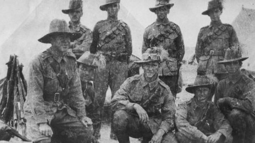 Some of the second reinforcements of the 5th Australian Light Horse Regiment after joining the regiment at Maadi, near Cairo. Back row, left to right: 808 Trooper (Tpr) Thomas Craig Gray of Gayndah Line, Qld; Tpr Hennessy; 732 Tpr Robert Meikle of Bundaberg, Qld; 810 Tpr Frederick Arnold Moss. Front row: 708 Tpr Reginald John Baldwin; Tpr Hew; Lance Corporal McConnell; 809 Tpr Dudley Walter Ponsford; Lieutenant Bernard Mahoney. Photo Australian War Memorial