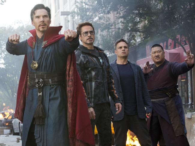 Doctor Strange (played by Benedict Cumberbatch), Iron Man (Robert Downey Jr), Bruce Banner (Mark Ruffalo) and Wong (Benedict Wong) Photo: Chuck Zlotnick/Marvel Studios 2018