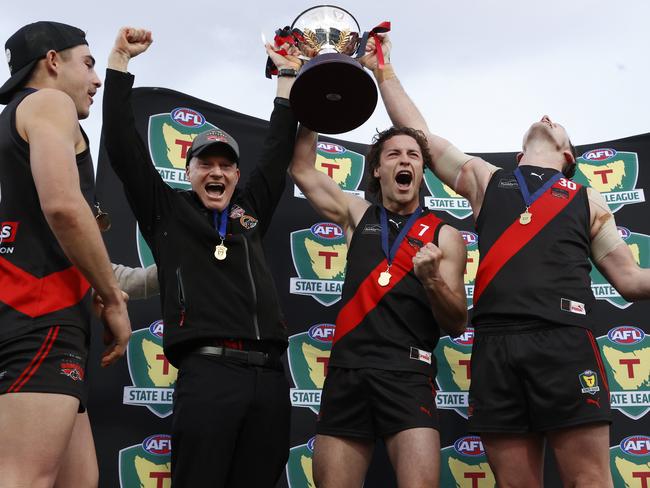 Adrian Smith North Launceston coach with Fletcher Bennett and Alex Lee.  TSL grand final 2024 - North Launceston V Lauderdale.  Picture: Nikki Davis-Jones