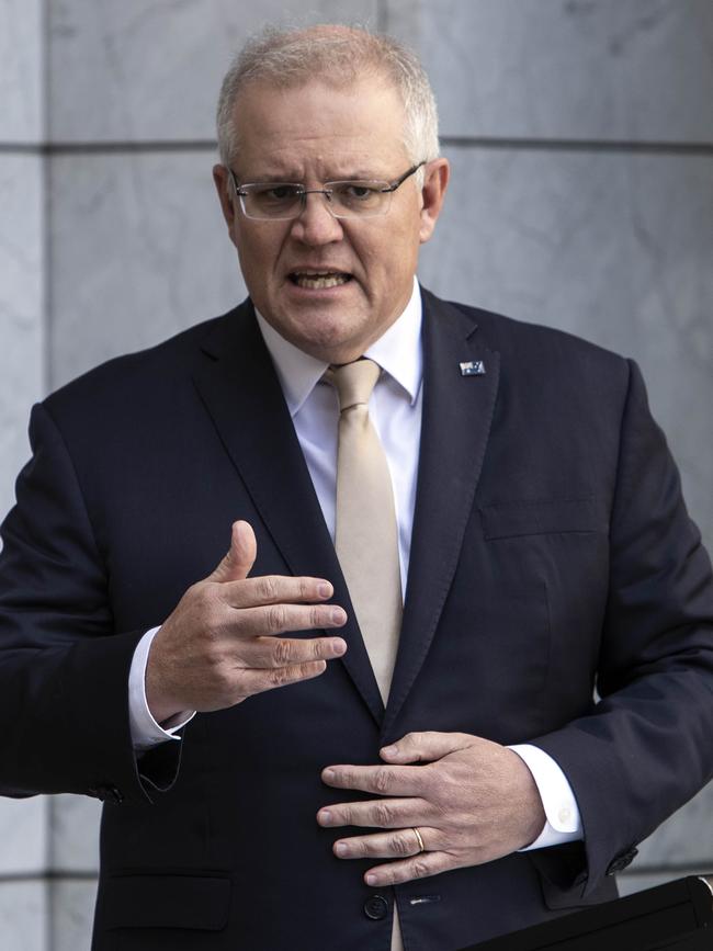 Australian Prime Minister Scott Morrison speaks to the media yesterday. Picture: NCA NewsWire / Gary Ramage