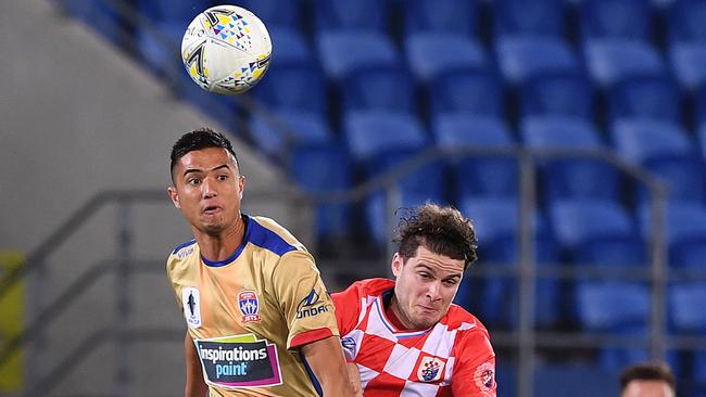 Joseph Champness of the Newcastle Jets during the FFA Cup Round of 32 match against the Gold Coast Knights FC at Cbus Super Stadium. Picture: AAP Image/Dave Hunt