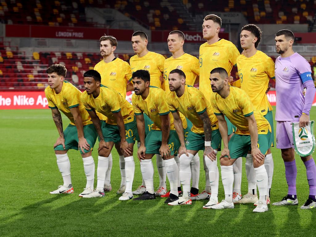 Alessandro Circati (back row, second from right) made a memorable Socceroos debut in London. Picture: Ryan Pierse/Getty Images