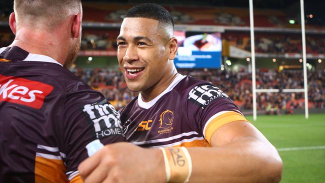 BRISBANE, AUSTRALIA - AUGUST 30: Jamayne Isaako of the Broncos (right) celebrates the win with teammates during the round 24 NRL match between the Brisbane Broncos and Parramatta Eels at Suncorp Stadium on August 30, 2019 in Brisbane, Australia. (Photo by Jono Searle/Getty Images)