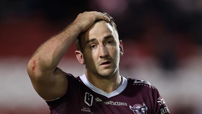 SYDNEY, AUSTRALIA - JUNE 17: Lachlan Croker of the Sea Eagles looks dejected after losing the round 15 NRL match between the Manly Sea Eagles and the North Queensland Cowboys at 4 Pines Park, on June 17, 2022, in Sydney, Australia. (Photo by Cameron Spencer/Getty Images)