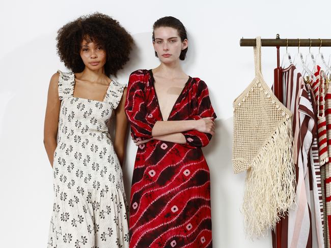 Models Ruby-Flower and Riahn Griffiths (right) wearing lio Nema, pose for a photo shoot in Darlington ahead of Australian Fashion Week. Picture: Jonathan Ng