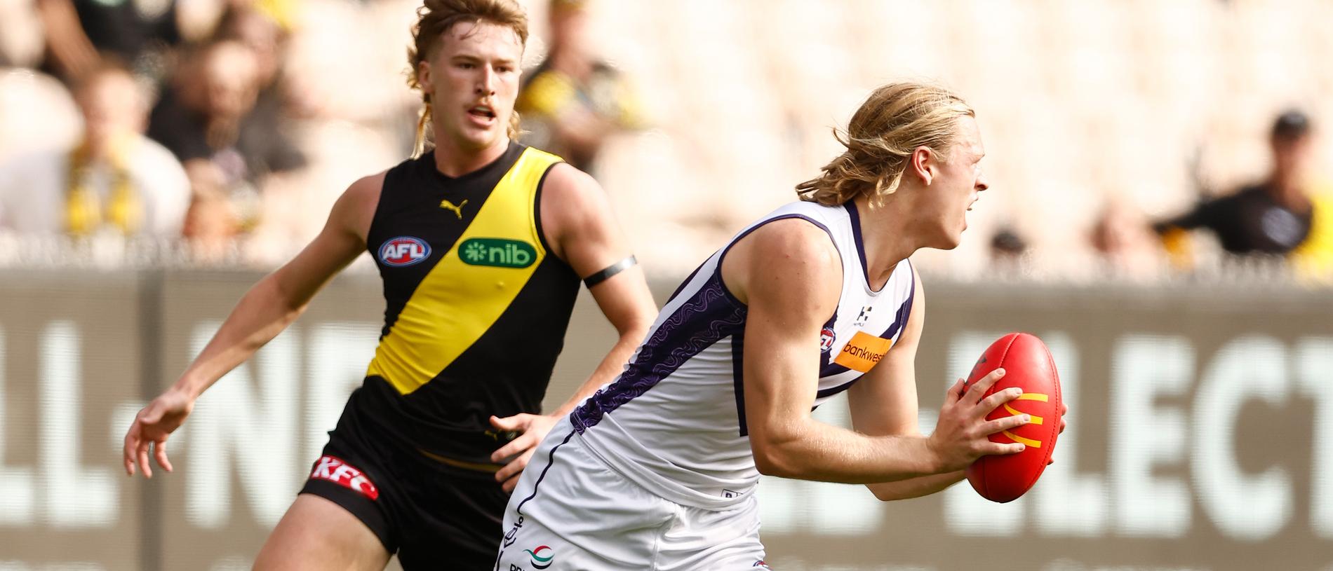 MELBOURNE, AUSTRALIA - MAY 05: Hayden Young of the Dockers in action during the 2024 AFL Round 08 match between the Richmond Tigers and the Fremantle Dockers at The Melbourne Cricket Ground on May 05, 2024 in Melbourne, Australia. (Photo by Michael Willson/AFL Photos via Getty Images)