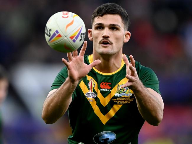 MANCHESTER, ENGLAND - NOVEMBER 19: Nathan Cleary of Australia warms up prior to the Rugby League World Cup Final match between Australia and Samoa at Old Trafford on November 19, 2022 in Manchester, England. (Photo by Gareth Copley/Getty Images)