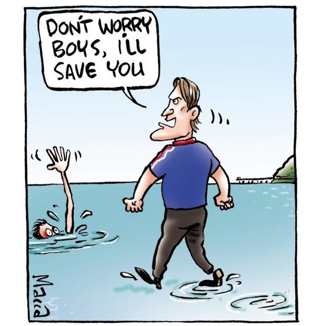 Herald Sun cartoonist David 'Macca' McArthur's cartoon of Western Bulldogs coach Luke Beveridge walking on water.