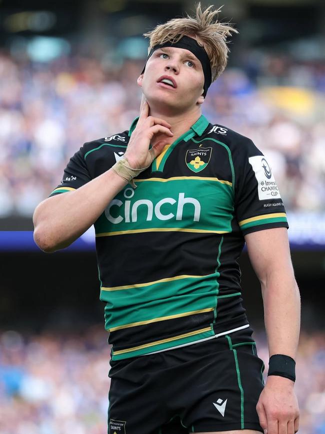 England backrower Henry Pollock does his pulse-checking try celebration while playing for Northampton. Picture: David Rogers/Getty Images