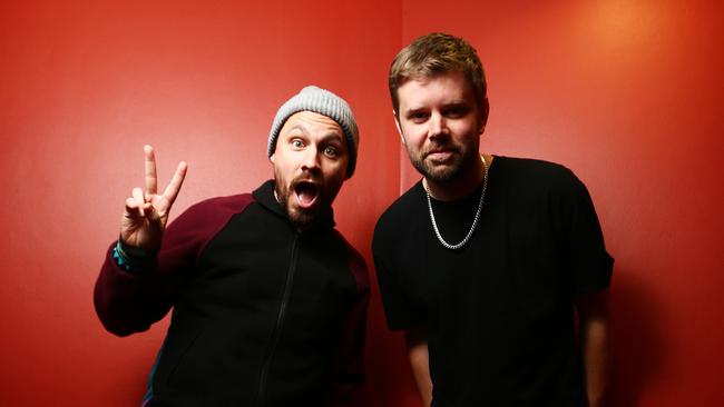 Pictured in Surry Hills today is Luke Dubber (aka Luke Dubs) and Angus Stuart (aka El Gusto) from one of Australia's rising electronic music acts, Hermitude. Picture: Tim Hunter.