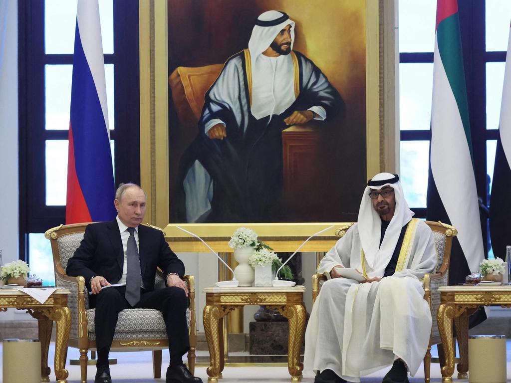 Russia's President Vladimir Putin and President of the United Arab Emirates Sheikh Mohamed bin Zayed Al Nahyan holding a meeting in Abu Dhabi. Picture: AFP