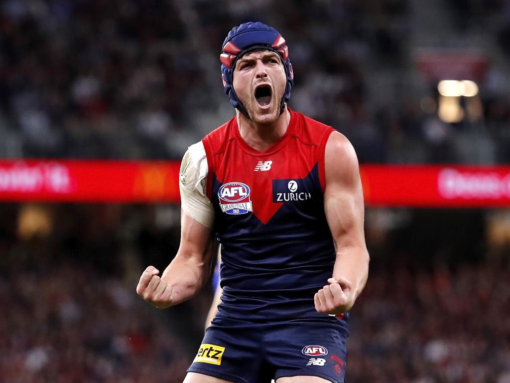 Angus Brayshaw is loving life with the Demons but remains coy over his future. Picture: Dylan Burns/AFL Photos via Getty Images