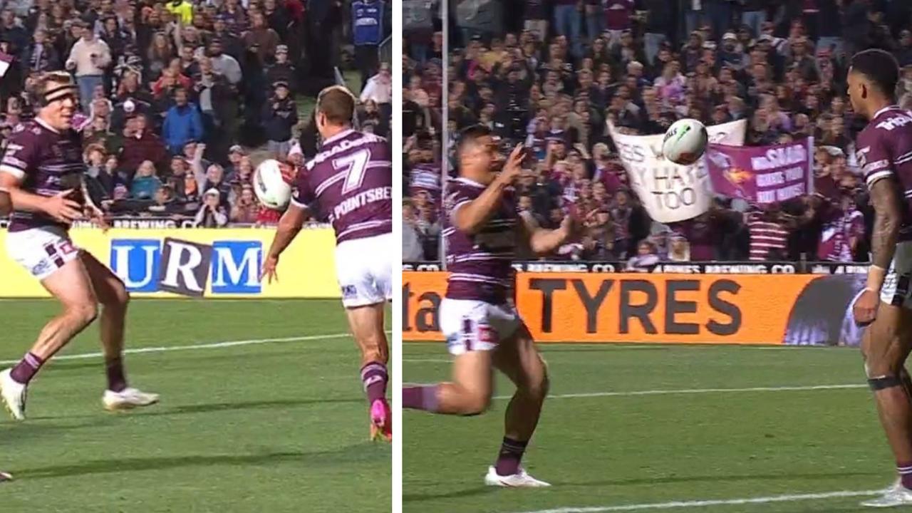 Twice the Sea Eagles dished off tries. Photo: Fox Sports