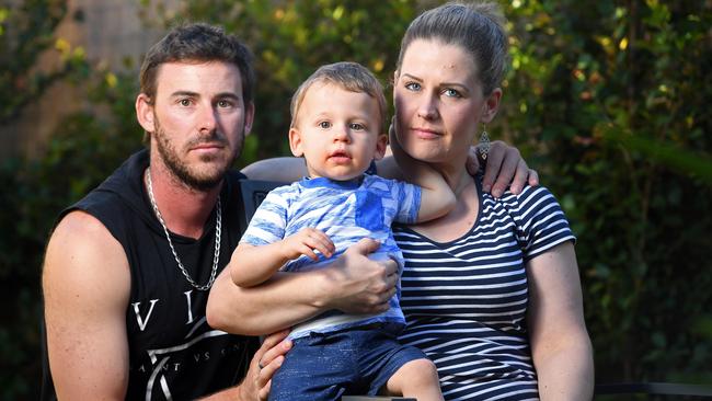 Candice Jarrad and Shane Sutton with son Trey, 18 months, at their Seacombe Gardens home. Picture: Tom Huntley