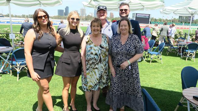 Abbie, Grace, Kerry, Pat, Nick and Kerrie at the 2024 Crown Oaks Day, held at Flemington Racecourse. Picture: Gemma Scerri