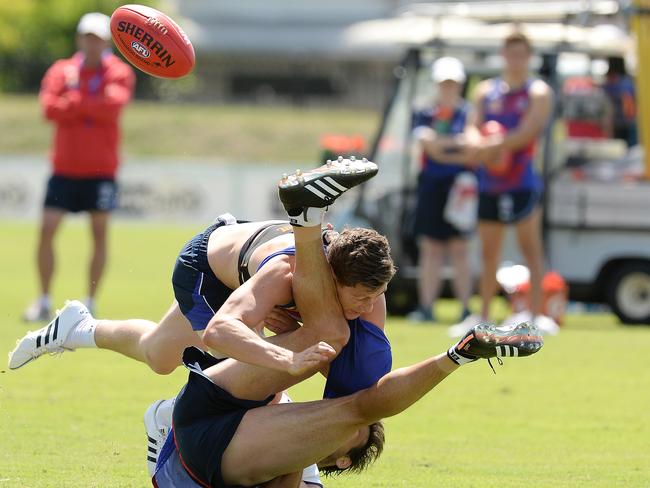 Sam Darley and Tory Dickson at Western Bulldogs training at Whitten Oval. Picture: David Smith