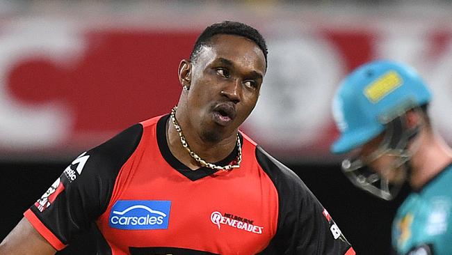 Dwayne Bravo of the Renegades reacts after taking a wicket.