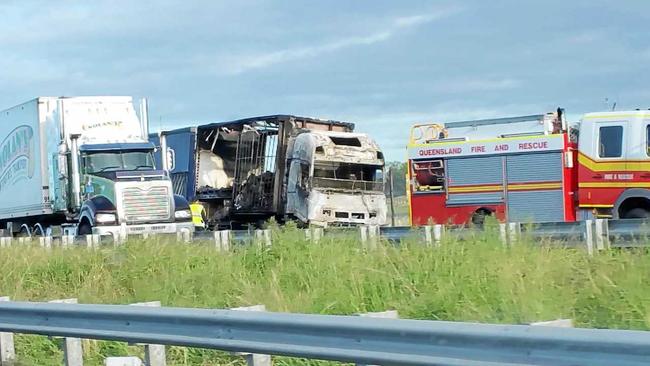 Four Queensland Fire and Emergency Service crews were called to the scene after a truck burst into flames. Picture: Contributed