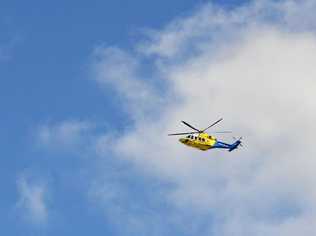 The RACQ LifeFlight helicopter leaves Kingaroy Hospital following a crash on the D'Aguliar Hwy. Picture: Will Hunter