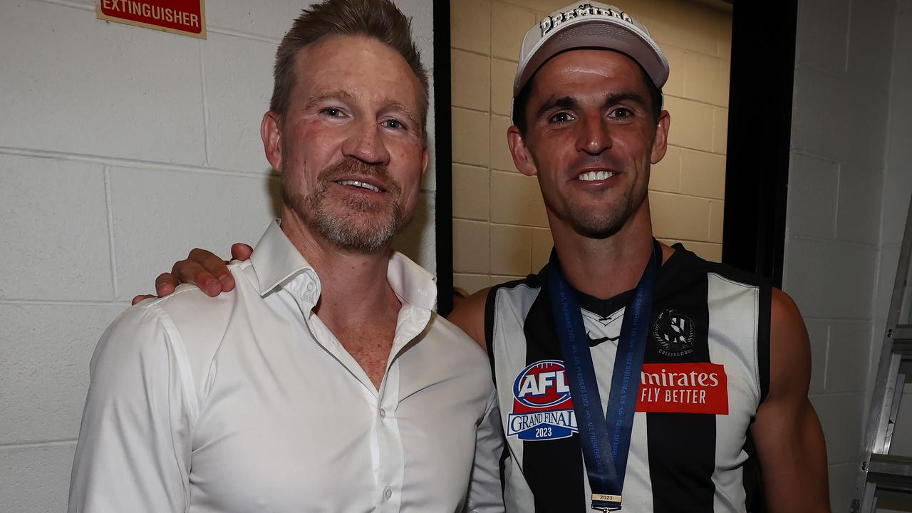 Nathan Buckley and Scott Pendlebury savour the moment. Picture: Michael Klein