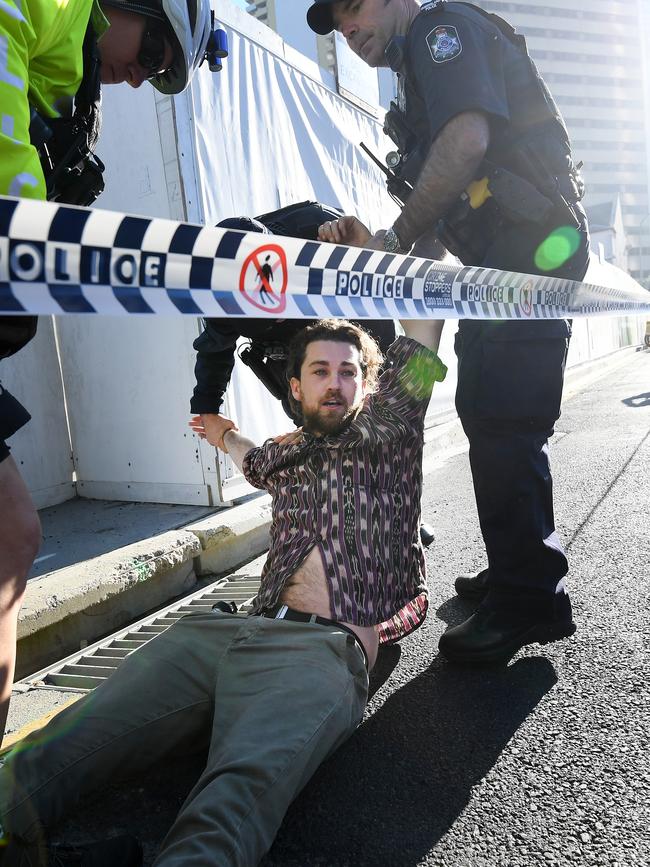 An Extinction Rebellion protester arrested today. Picture: AFP