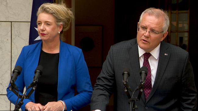 Minister for Agriculture Bridget McKenzie and Prime Minister Scott Morrison speak to the media during a press conference at Parliament House on January 14.