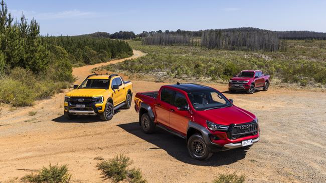 2023 Toyota HiLux GR, Ford Ranger Wildtrak X, Volkswagen Amarok PanAmericana comparison test. Photo: Mark Bean