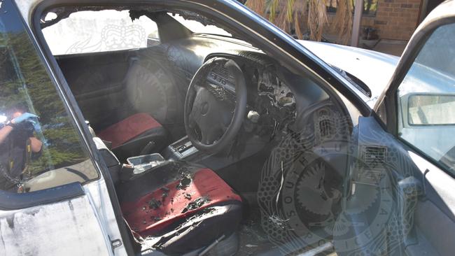 Burnt out car of murder victim Geoffrey McLean. Picture: SA Police