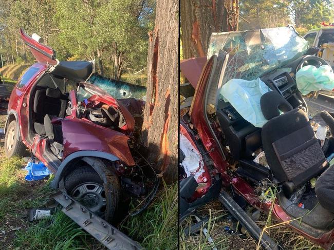 The wreckage of a car a man was trapped in after he hit a tree at high impact on Tin Can Bay Rd early Monday morning. Picture: Contributed