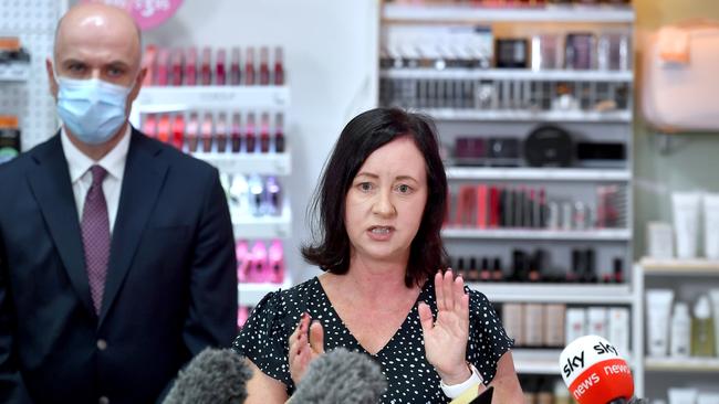 Queensland Health Minister Yvette D'Ath talks at a Covid press conference at Valley Discount Drug Store. Picture: John Gass