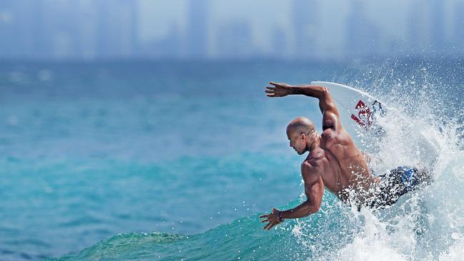 Kelly Slater slaps one off the top of a ‘real’ wave on the Gold Coast.