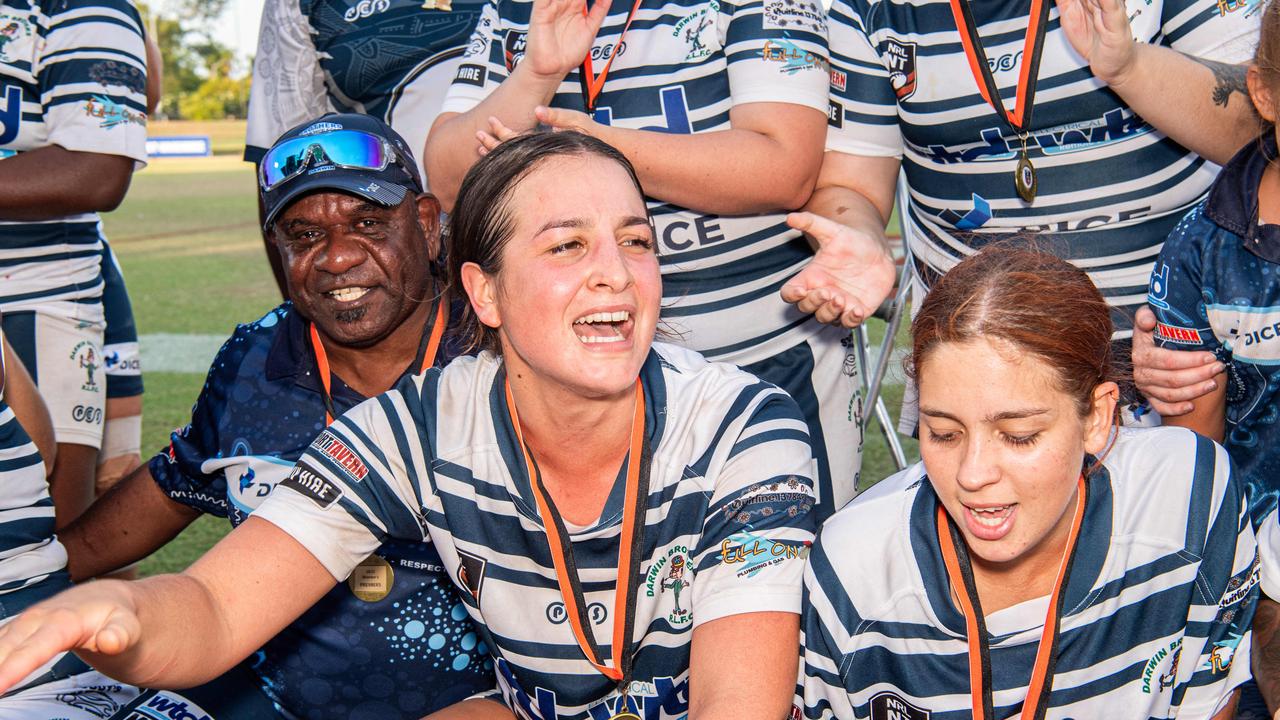 Darwin Brothers celebrate winning the 2023 NRL NT grand final. Picture: Pema Tamang Pakhrin