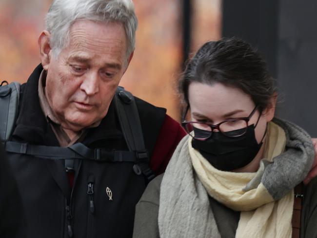 Ian Wilkinson leaves with one of his daughters at court in Morwell. Picture: NewsWire/ David Crosling