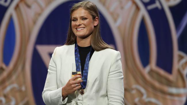 Collingwood’s Brianna Davey toasts to winning the best-and-fairest award. Picture: AFL Photos via Getty Images