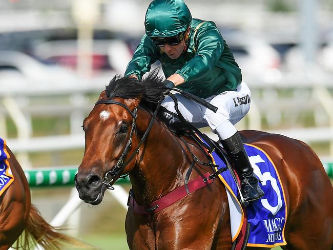 Jockey Kerrin McEvoy rides Kingâ€™s Legacy (right) to victory in race 6, the B.J. McLachlan Stakes, during the Metro Races at Eagle Farm in Brisbane, Saturday, December 28, 2019. (AAP Image/Albert Perez) NO ARCHIVING, EDITORIAL USE ONLY