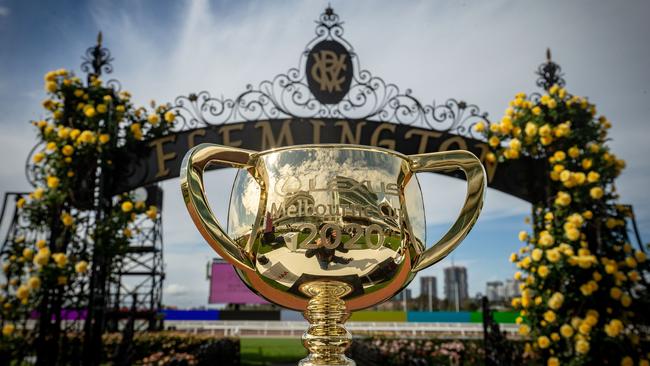 MELBOURNE, AUSTRALIA - OCTOBER 27: The Melbourne Cup trophy is seen during the Melbourne Cup Carnival launch at Flemington Racecourse on October 27, 2020 in Melbourne, Australia. (Photo by Darrian Traynor/Getty Images)