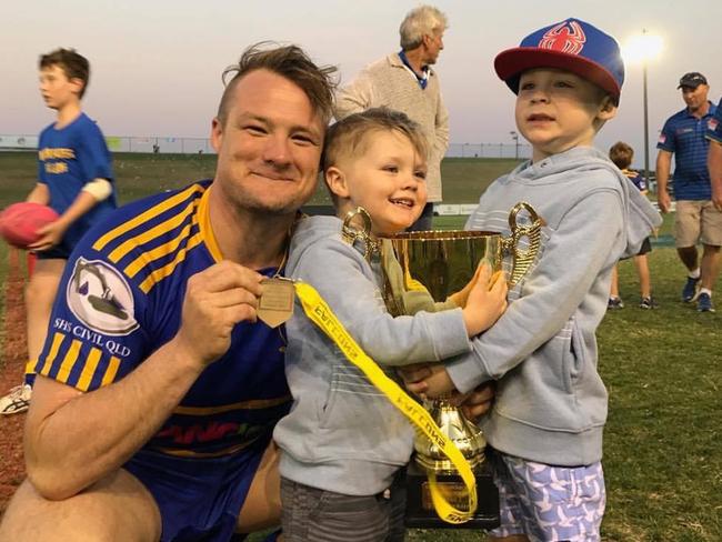 Noosa Pirates stalwart Liam Anlezark with his sons Kye and Braxton after the 2017 premiership win. He has named his 1-17 of greatest teammates.