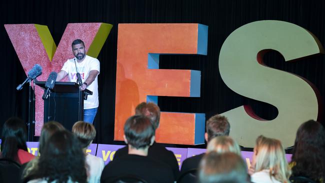 Campaign Director of Yes 23 Dean Parkin speaks at Wests Ashfield Leagues Club, Yes campaign event as the referendum results are being counted. Picture: Monique Harmer