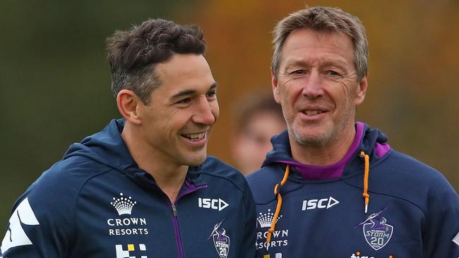 Billy Slater (left) is being tipped to take over from Craig Bellamy (right) as the Melbourne Storm coach. Picture: Scott Barbour/Getty Images