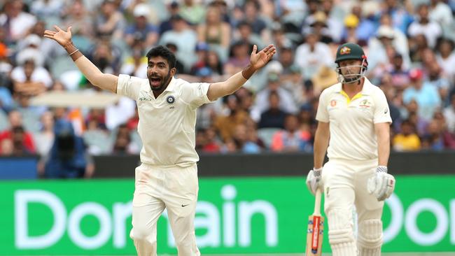 Jasprit Bumrah traps Shaun Marsh LBW. Picture: AAP