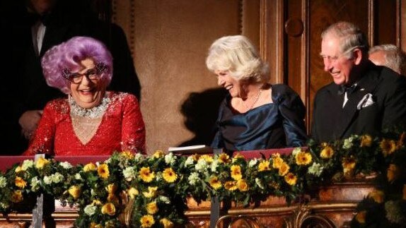 Dame Edna Everage with King Charles and Camilla. Picture: Supplied