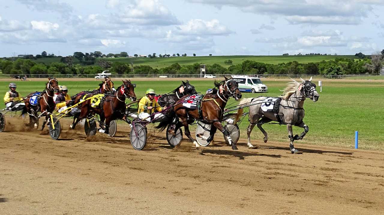 TROTS: Ghost Gum (grey) leads with a lap to go in a heat at Marburg. Ghost Gum could be a starter at the Warwick Showgrounds on Friday, March 22. Picture: Vic Pascoe