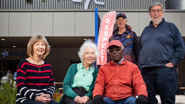 Program co-ordinator Ms Jenkins (far left) is a driving force behind the newly launched D Cafe in West Pymble. Pictured with carer Margaret Lemoh, Nuli Lemoh who is living with dementia, Hornsby Kuringai PCYC president Peter Kirkwood, and volunteer John Cronly. Picture: Julian Andrews