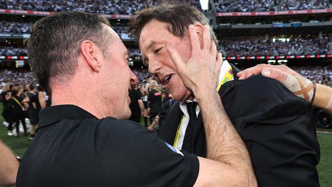 Jeff Browne and Craig McRae after the Pies’ premiership win. Picture: Michael Klein